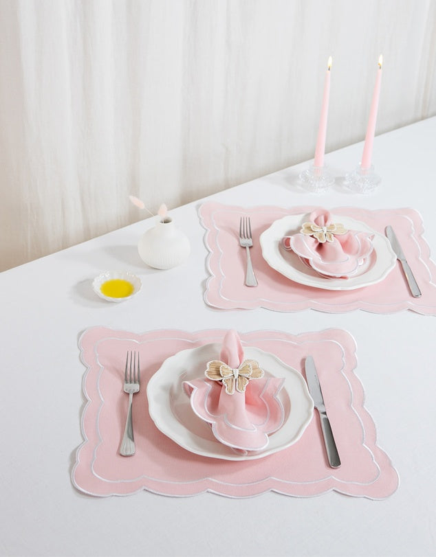 Linen Table Placemet and Napkins Set with Embroidered Scalloped Edges