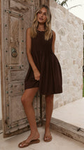 Chocolate Brown Pleated Linen Mini Dress