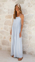 Powder Blue Linen Maxi Dress – Pleated Front