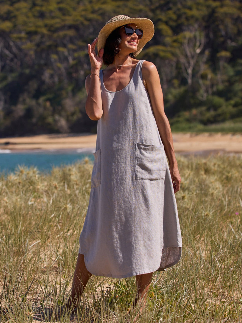 Lavender Linen Midi Dress with Pockets