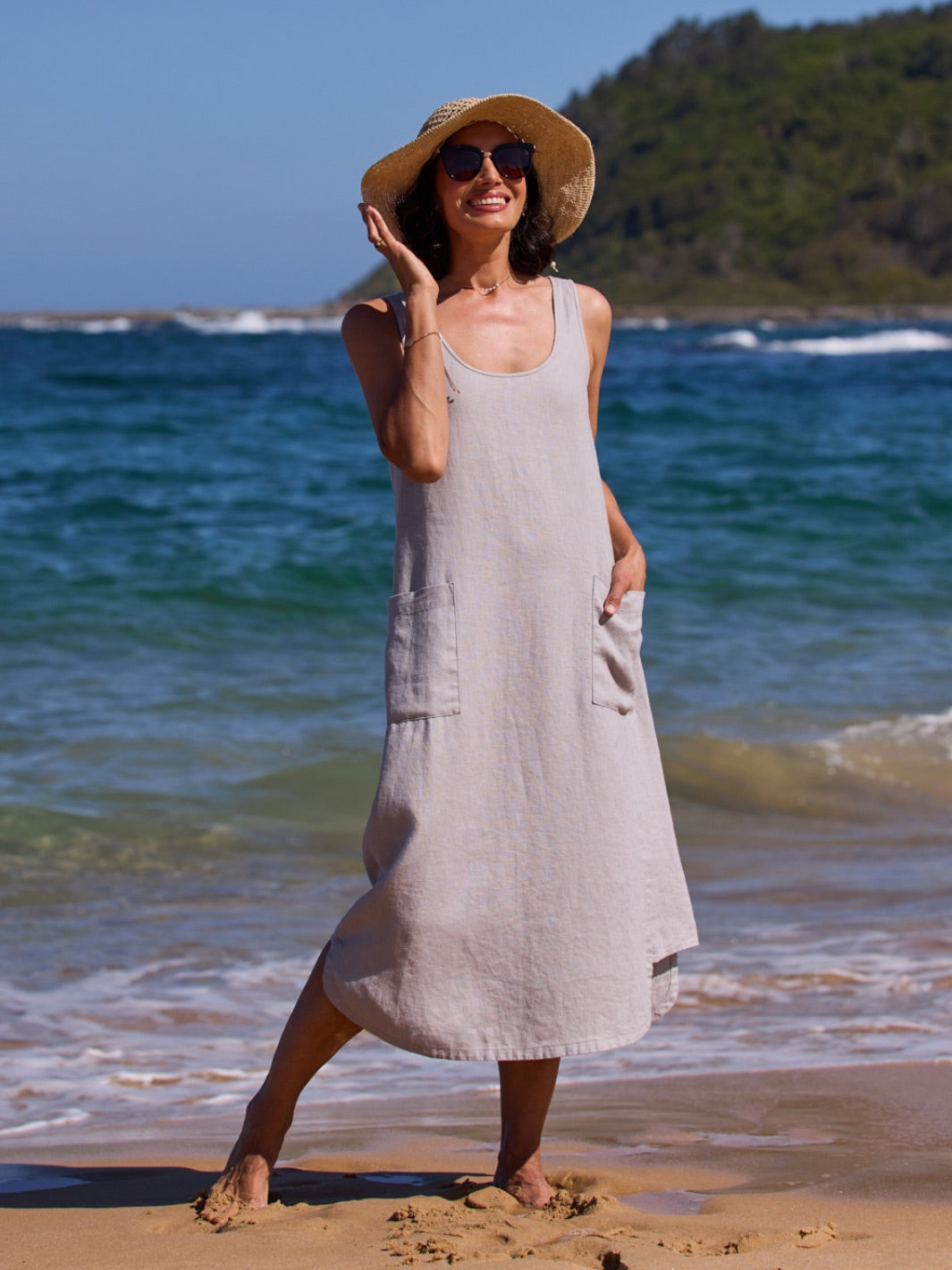 Lavender Linen Midi Dress with Pockets