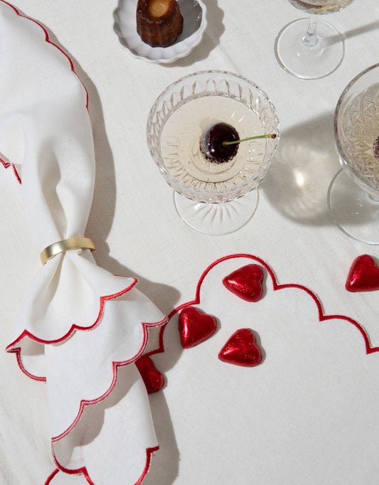 Linen Table Placemet and Napkins Set with Embroidered Scalloped Edges