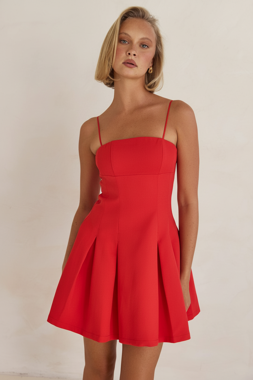 Red banana crepe mini dress with spaghetti straps