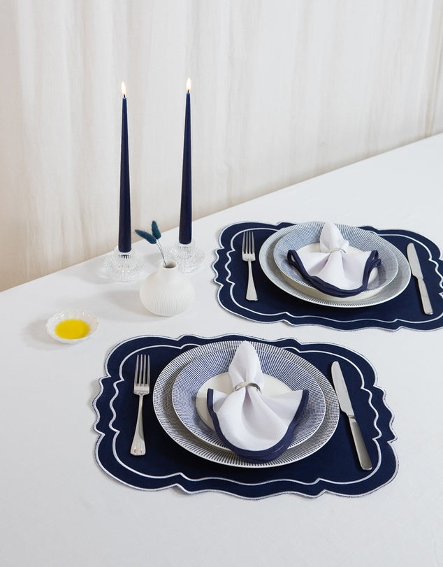 Linen Table Placemet and Napkins Set with Embroidered Scalloped Edges