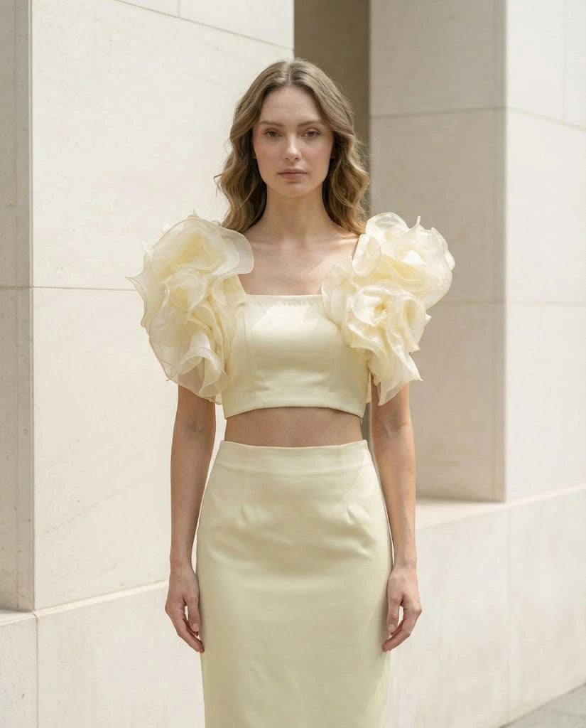 Butter Yellow Ruffle Sleeve Crop Top in Duchess Satin
