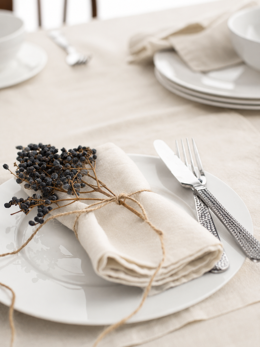 Ivory Linen Napkin Set styled for breakfast