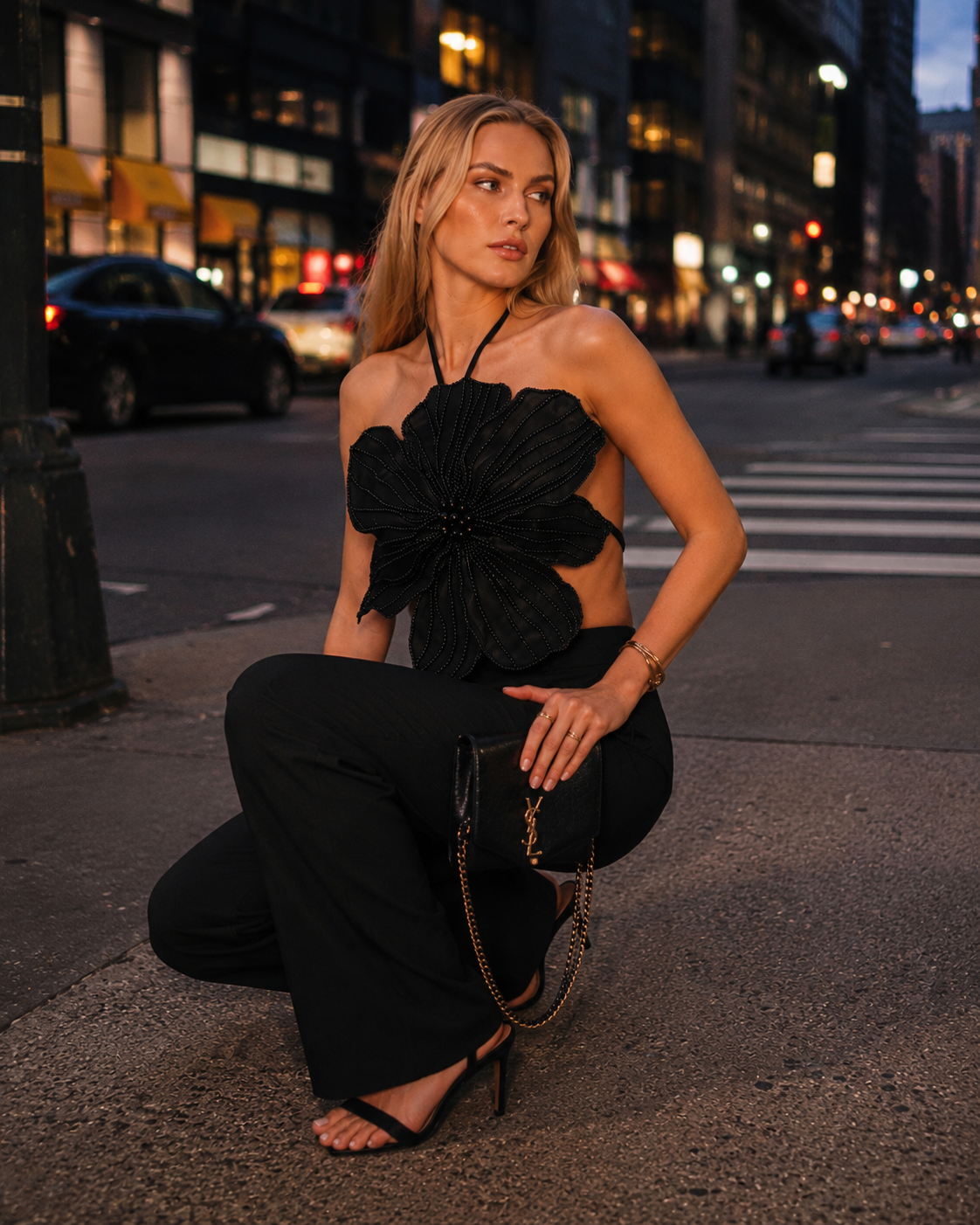 Black Satin 3D Flower Appliqué Top with Pearl Embroidery