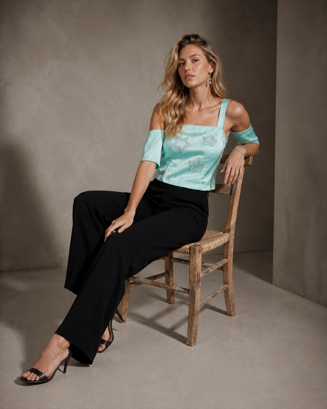 Ice Blue Satin Top with Star Sequin & Bead Embroidery