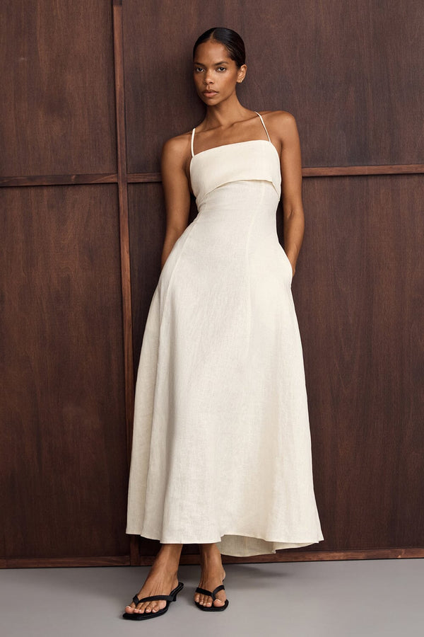 Ivory Linen Maxi Dress with Open Back