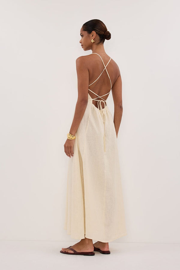 Ivory Linen Maxi Dress with Open Back