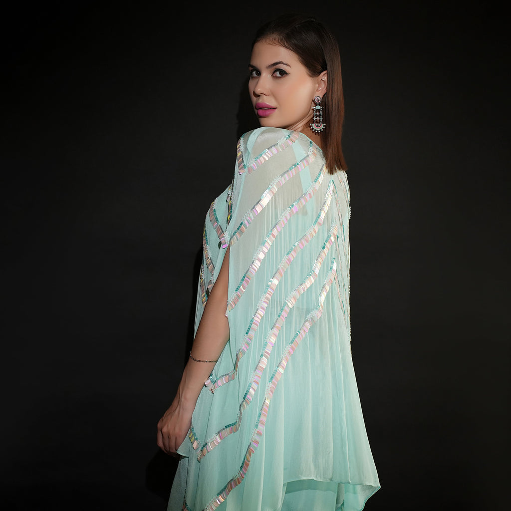 Ice Blue Chiffon Cape with Boot Cut Pants