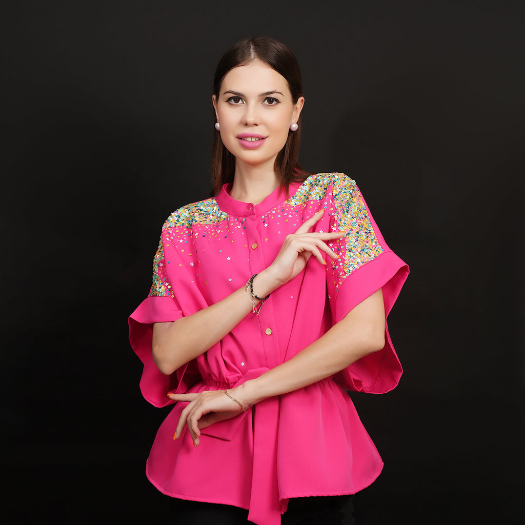 Pink Top | Sequin Top | Embroidered Top | Loose Style Top