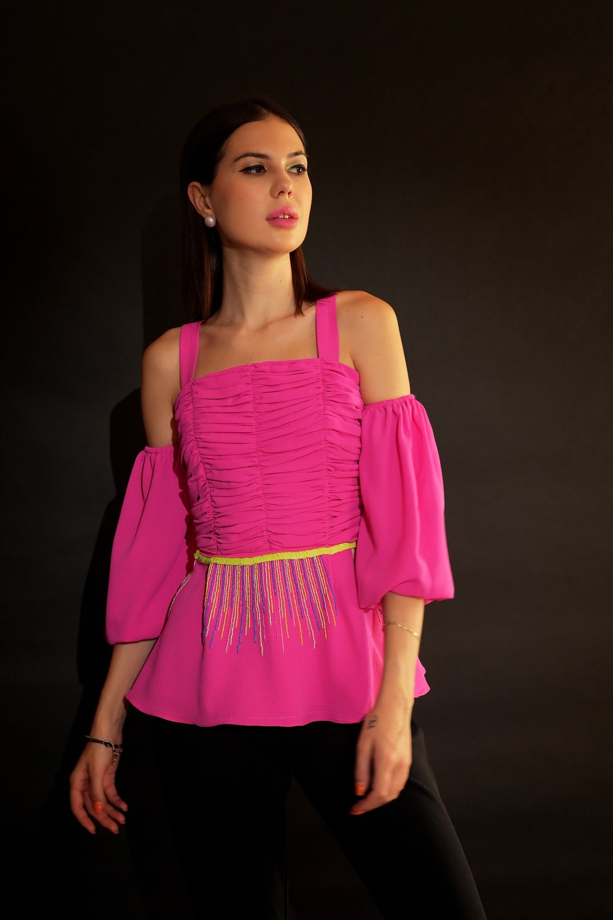 Hot Pink Peplum Top with Sequin Embroidery