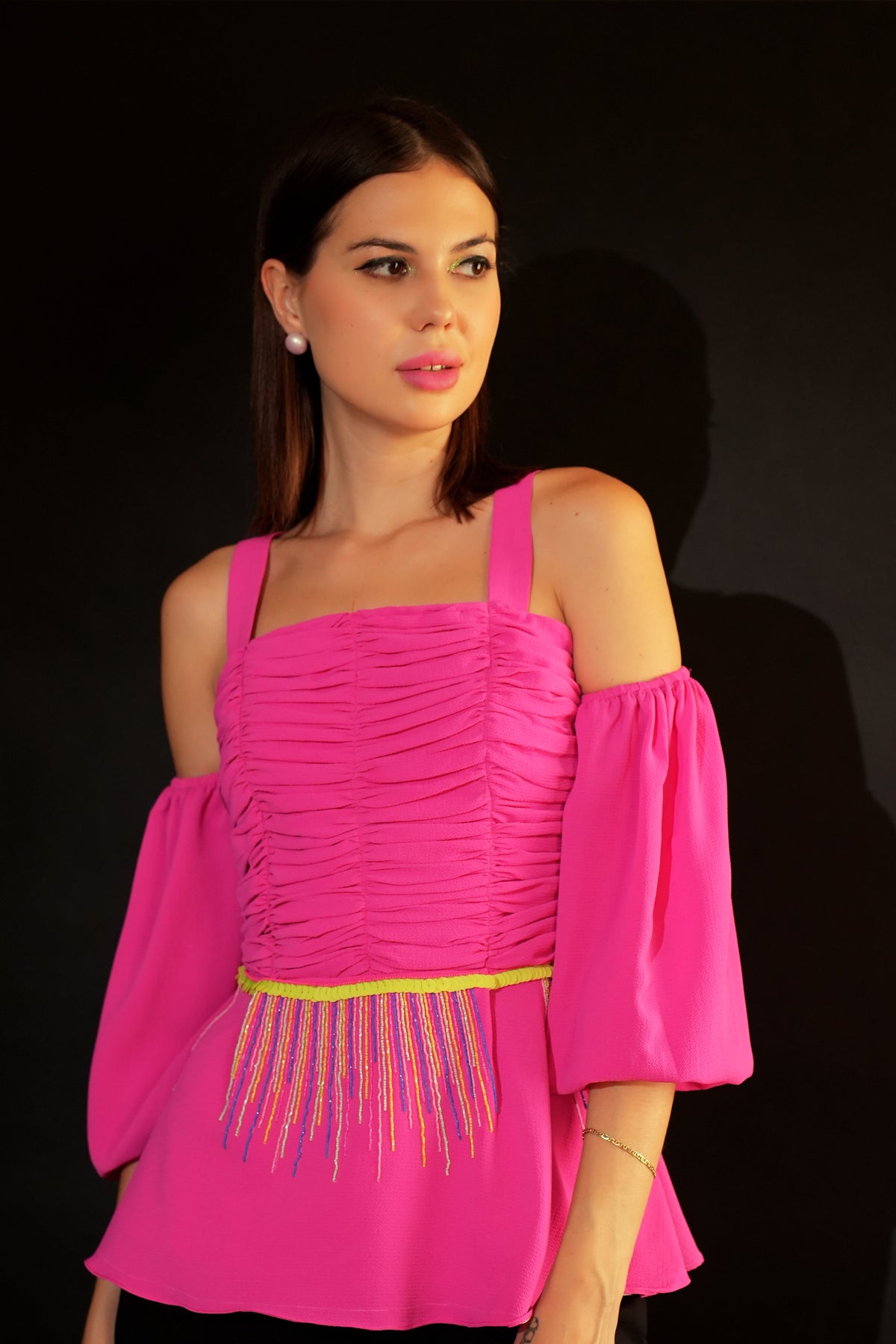 Hot Pink Peplum Top with Sequin Embroidery
