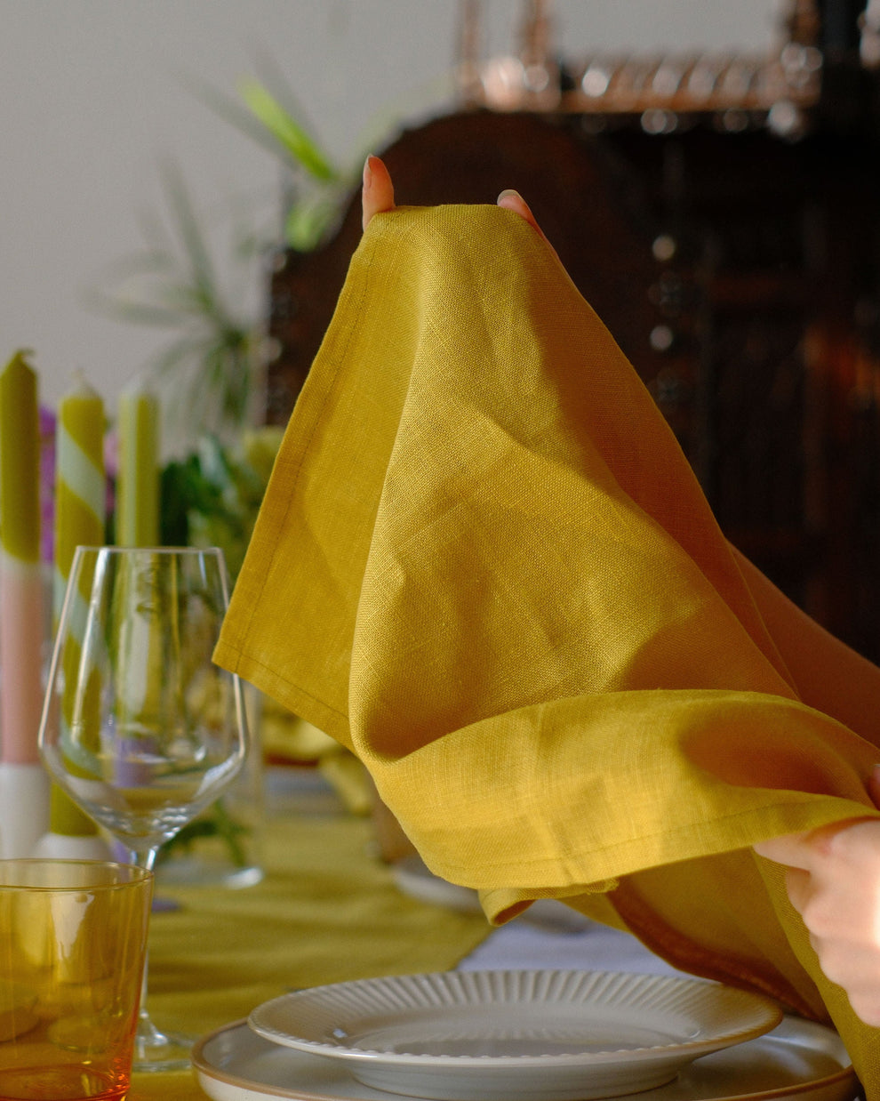 Ensemble de serviettes en lin jaune moutarde