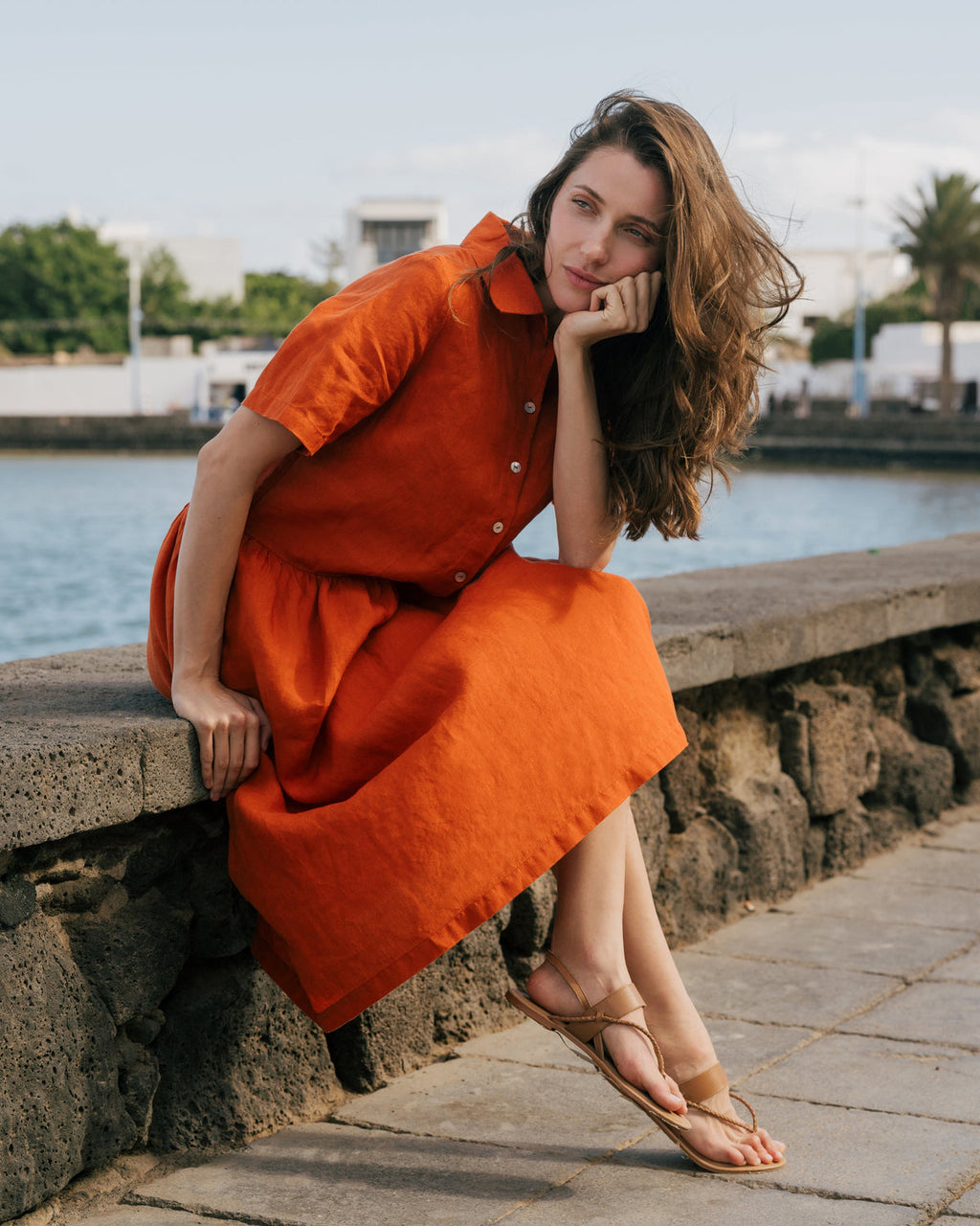 Burnt Orange Linen Midi Dress with Pockets