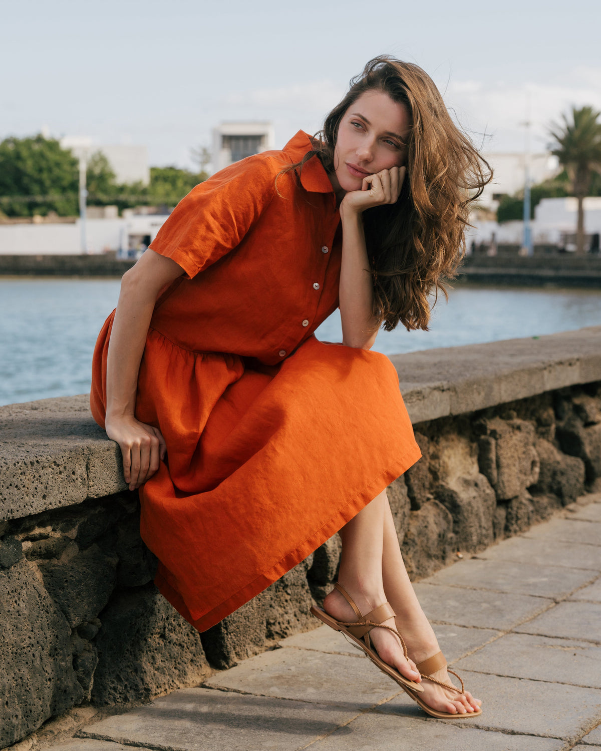 Burnt Orange Linen Midi Dress with Pockets