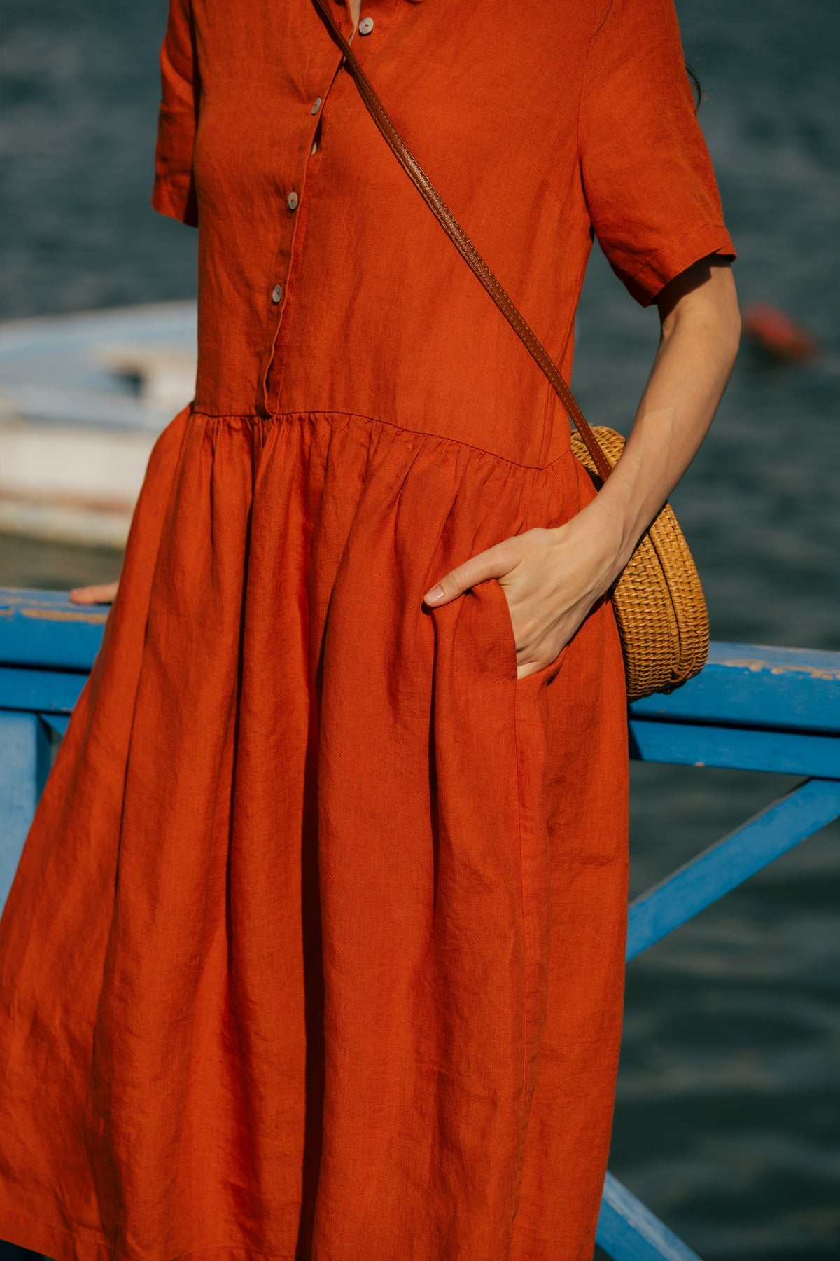 Burnt Orange Linen Midi Dress with Pockets