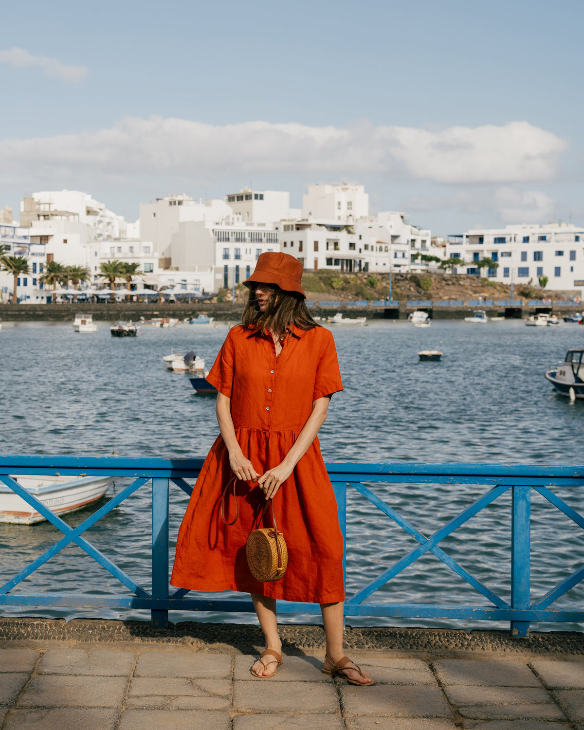 Burnt Orange Linen Midi Dress with Pockets