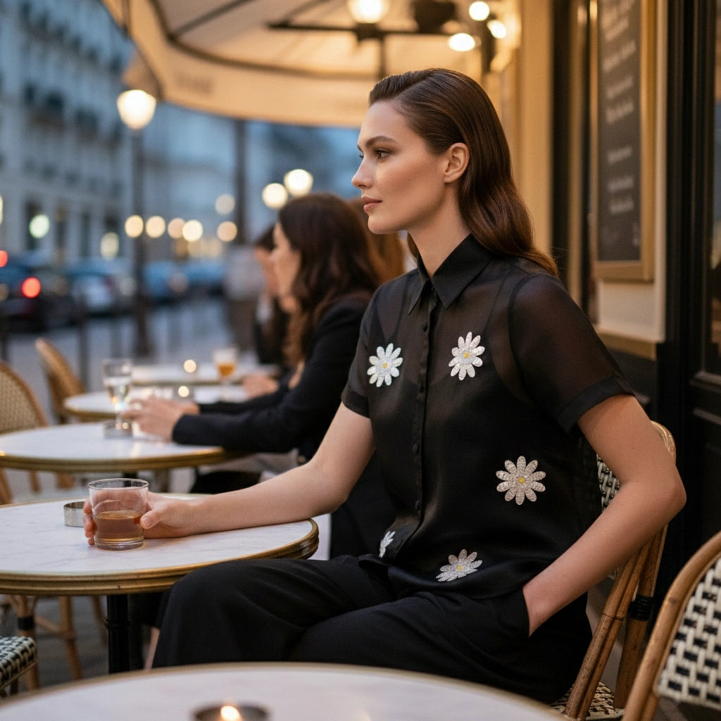 Camicia in organza nera con ricamo di paillettes a margherita bianca e sottoveste in raso