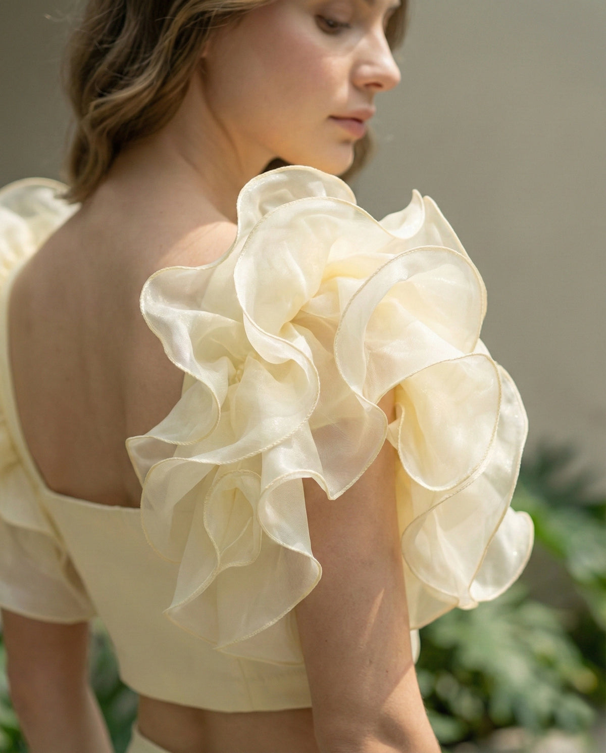 Butter Yellow Ruffle Sleeve Crop Top in Duchess Satin