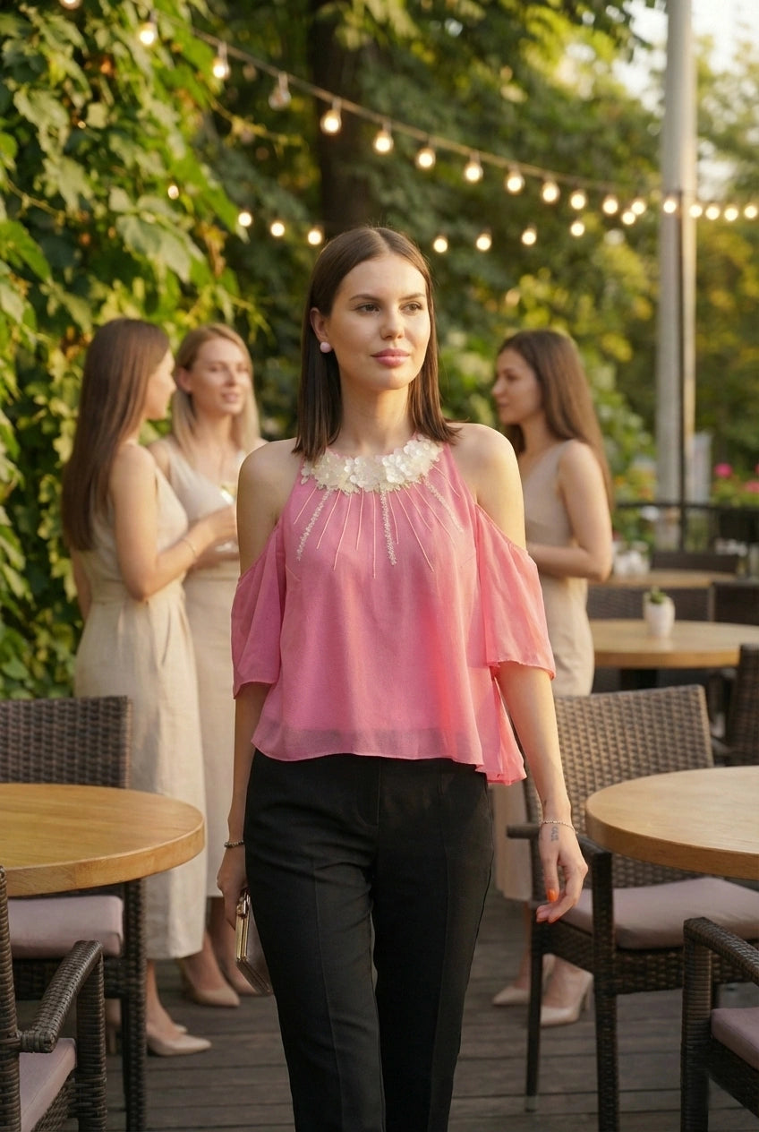 Pink Halter Top with Sequin Embroidery