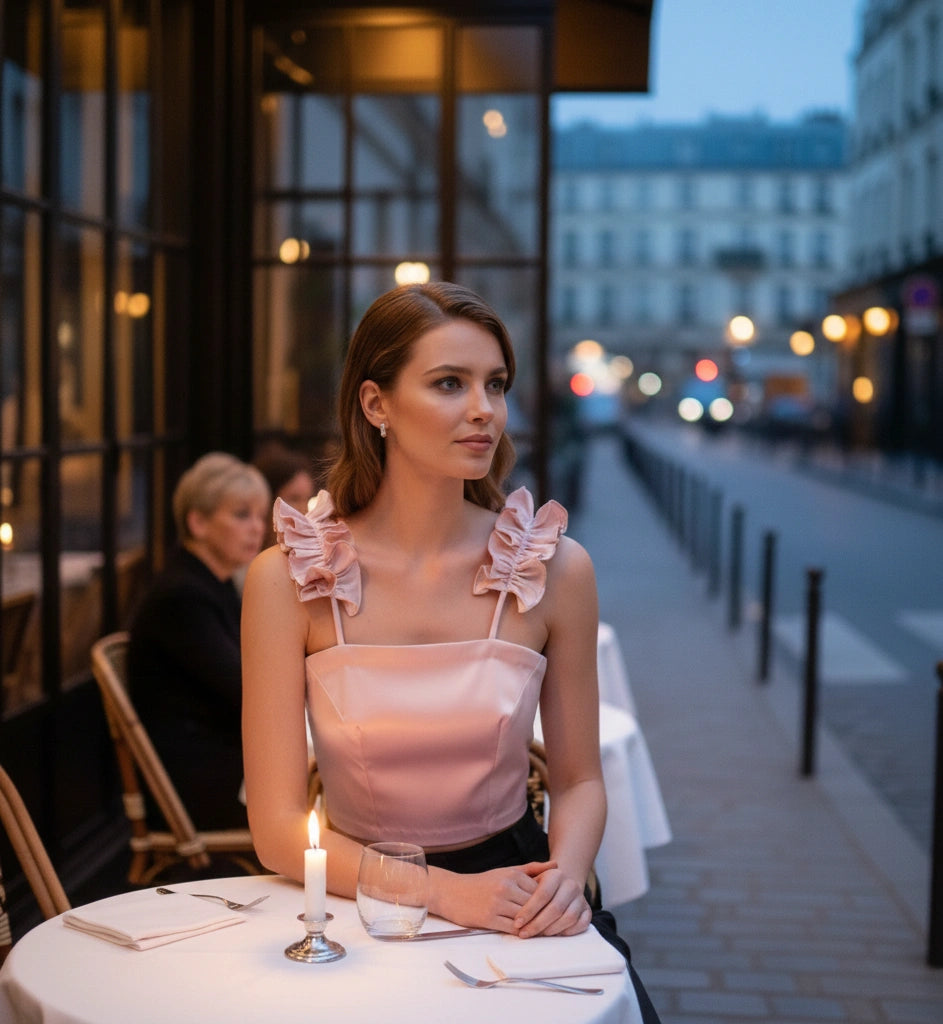 Pink Duchess Satin Top – Ruffle Strap Statement Blouse