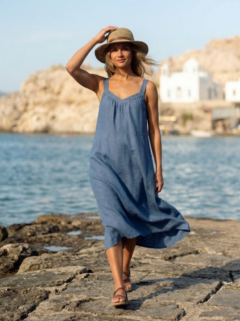 Dusty Blue Linen Midi Dress