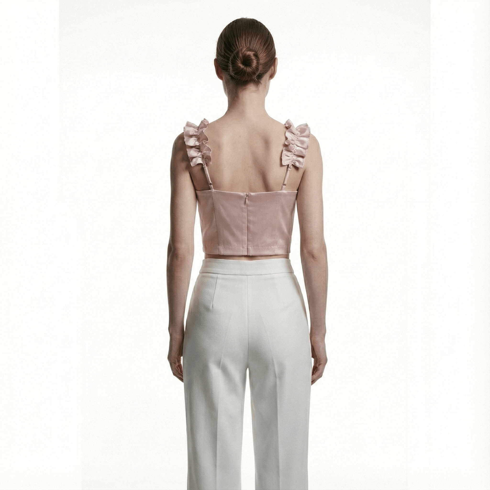 Top in raso duchessa rosa – Blusa con spalline a balze