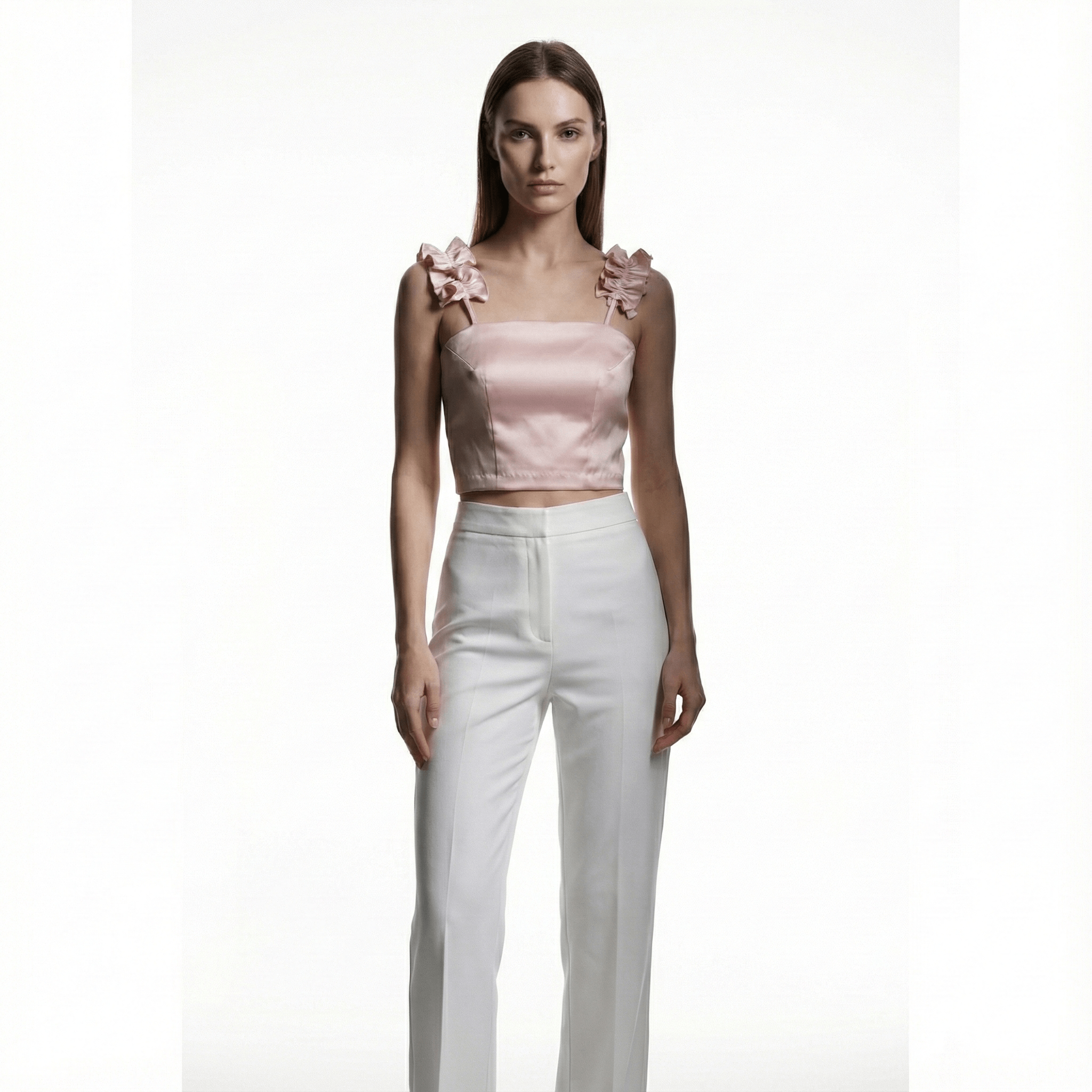 Top in raso duchessa rosa – Blusa con spalline a balze