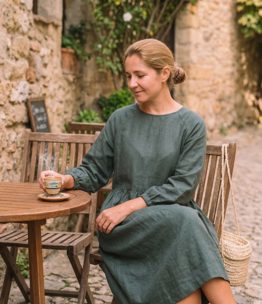 Olive Green Linen Midi Dress with Long Sleeves