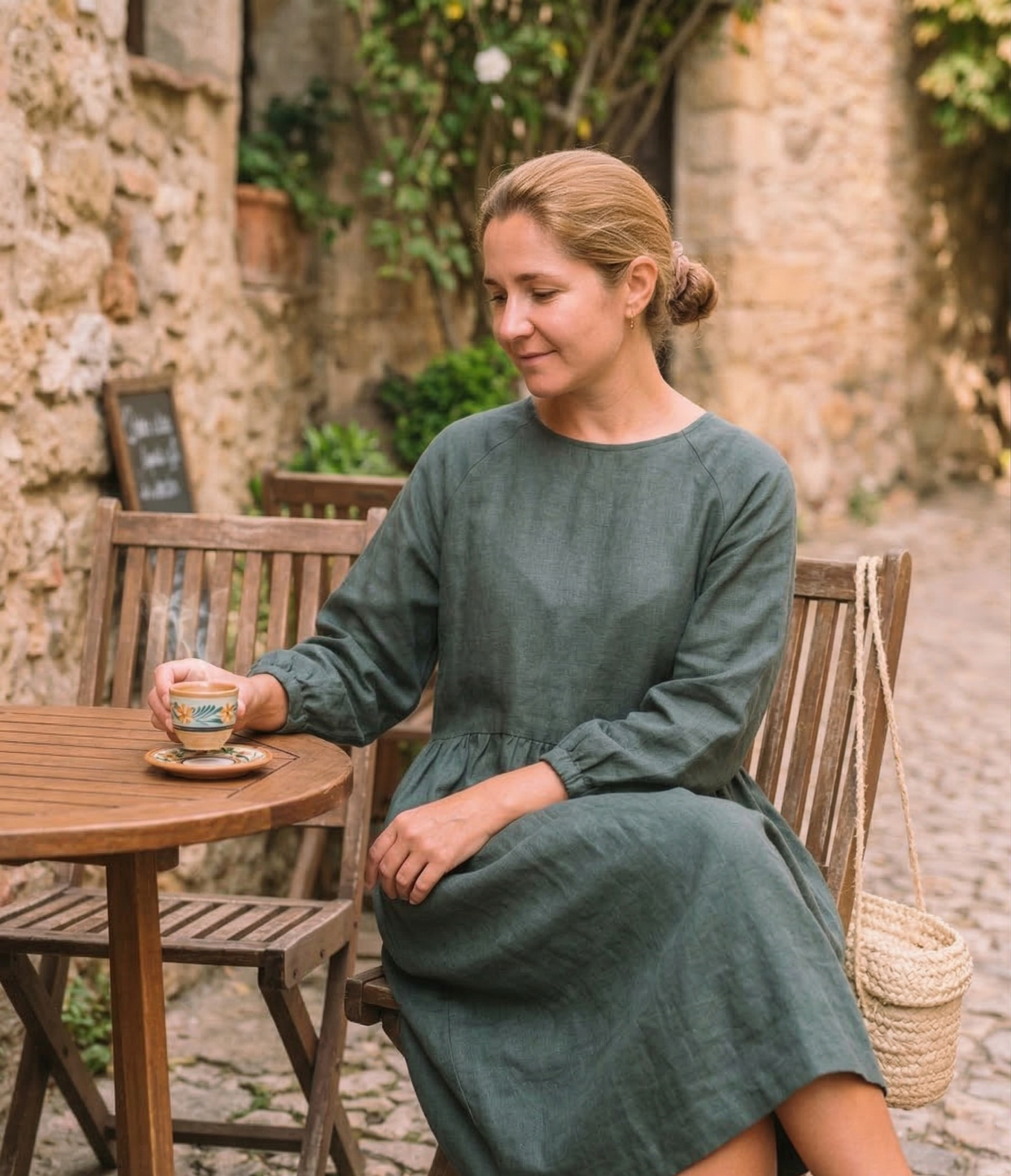 Olive Green Linen Midi Dress with Long Sleeves