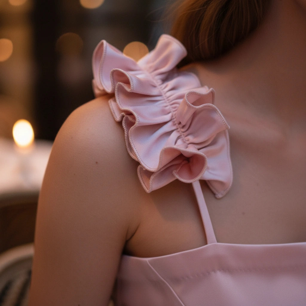 Pink Duchess Satin Top – Ruffle Strap Statement Blouse