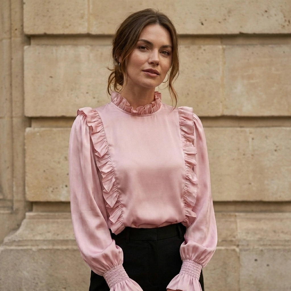 Baby Pink Satin Ruffle Blouse with Puff Sleeves