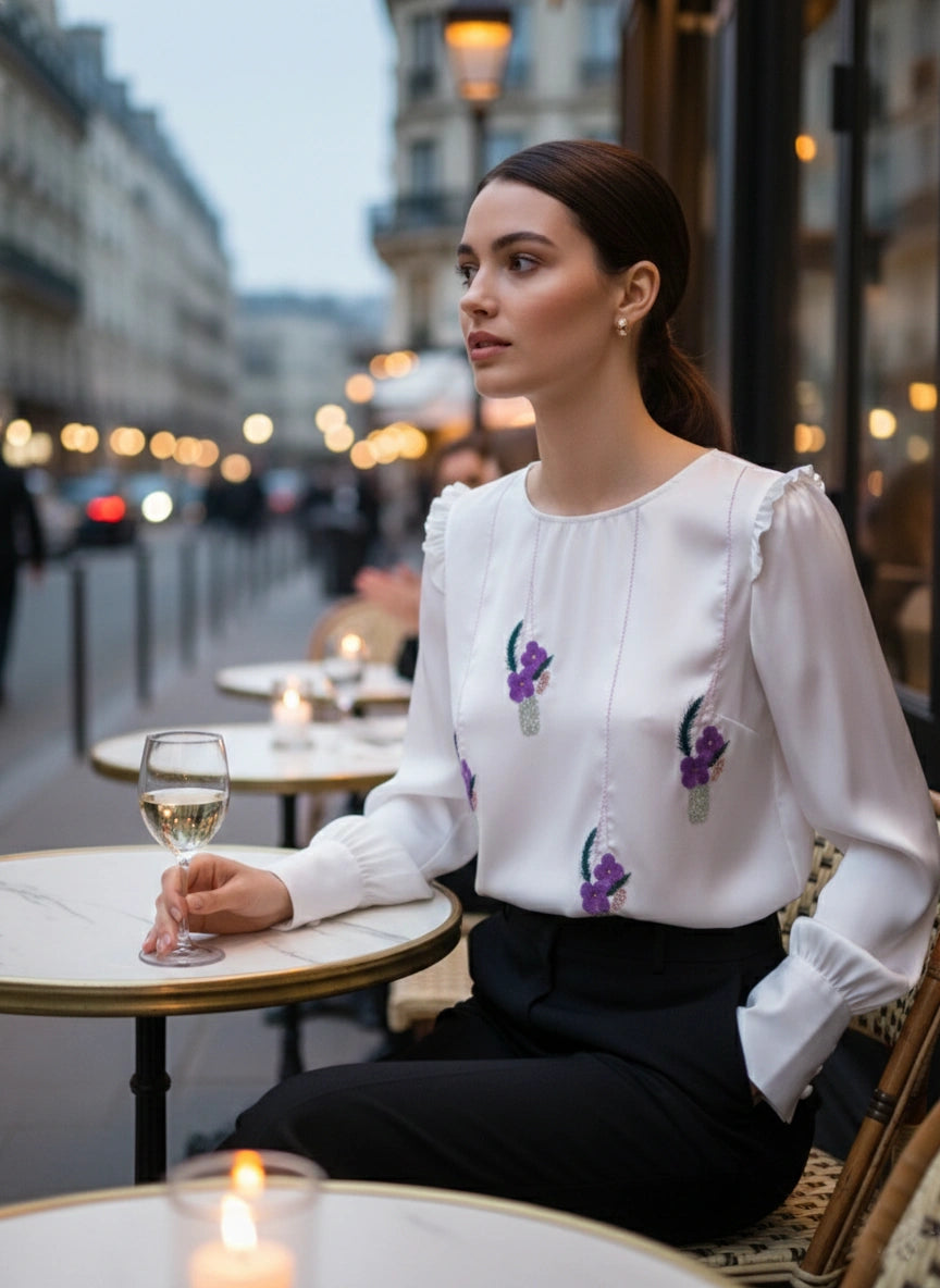 Haut blanc en satin à manches longues orné de fleurs en sequins brodées à la main
