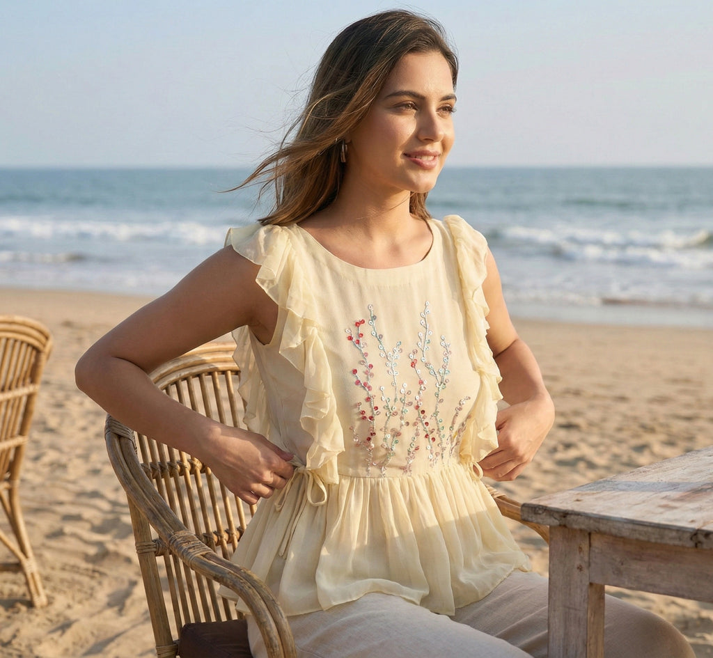 Ivory Georgette Ruffle Top with Hand-Embroidered Sequin Florals