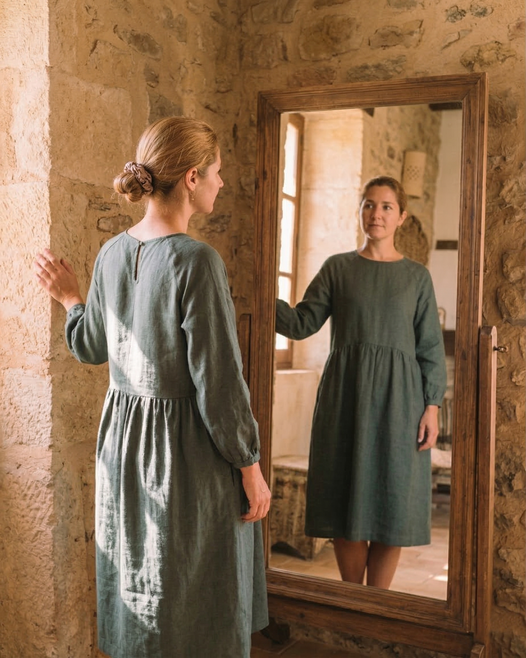 Olive Green Linen Midi Dress with Long Sleeves