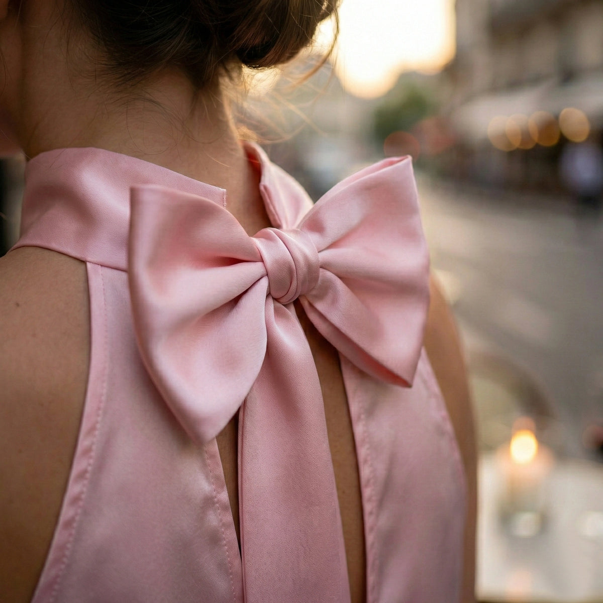 Top in raso rosa con scollo all'americana, fiocchi sul retro e lacci