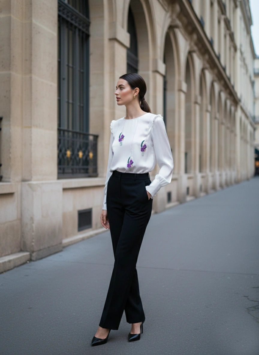 Haut blanc en satin à manches longues orné de fleurs en sequins brodées à la main