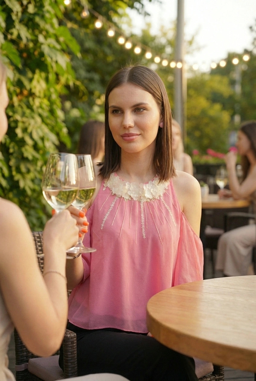 Pink Halter Top with Sequin Embroidery