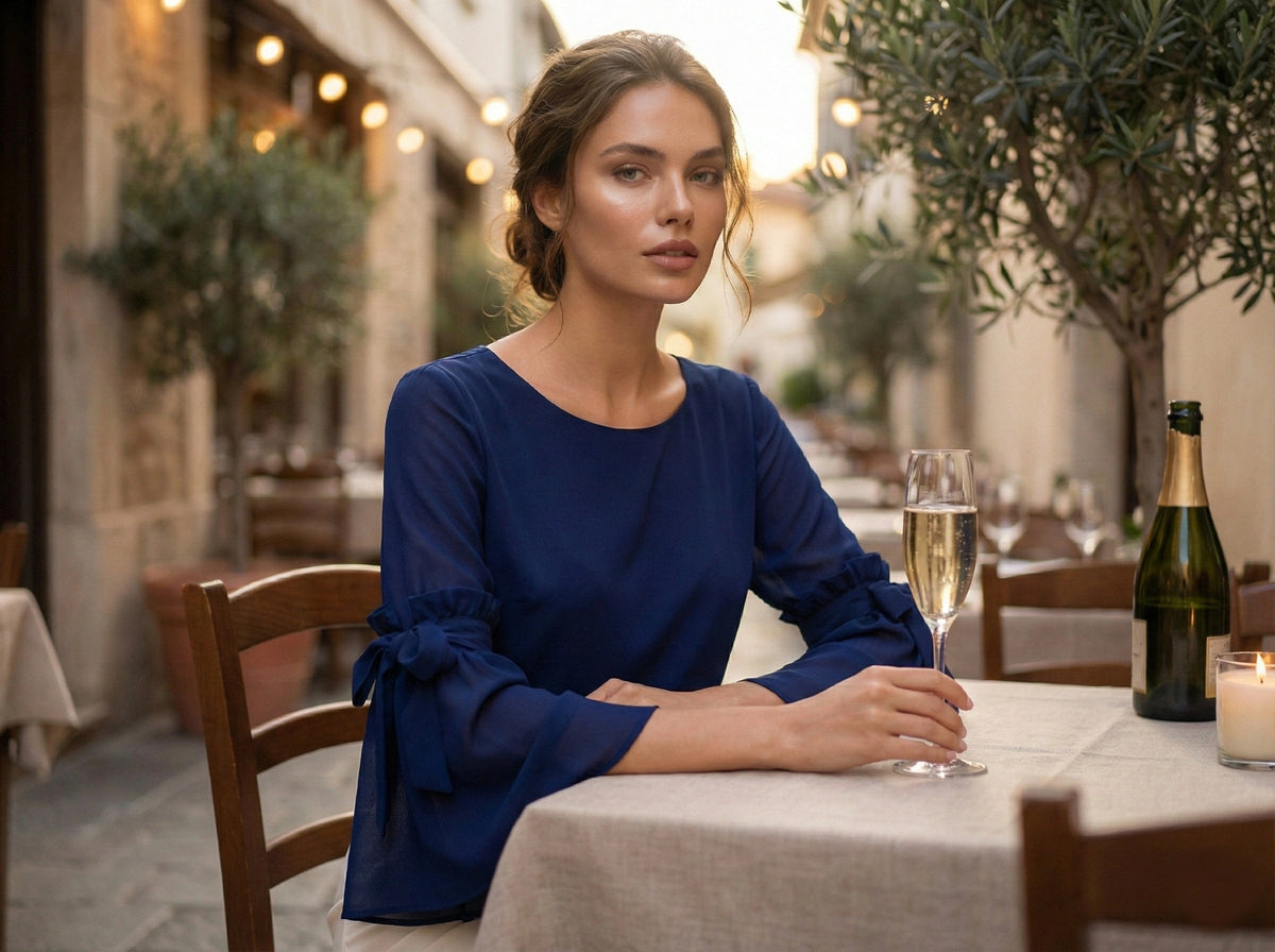Top in georgette blu navy con maniche svasate e dettagli a fiocco