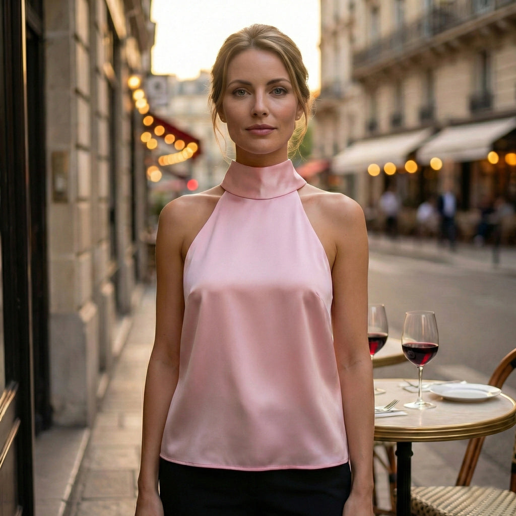 Satin Top Pink in Halter Neck Design with Bows on back and tie ups