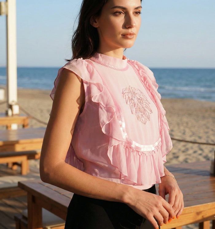 Crop Top with Hand Embroidered Tiger Motif