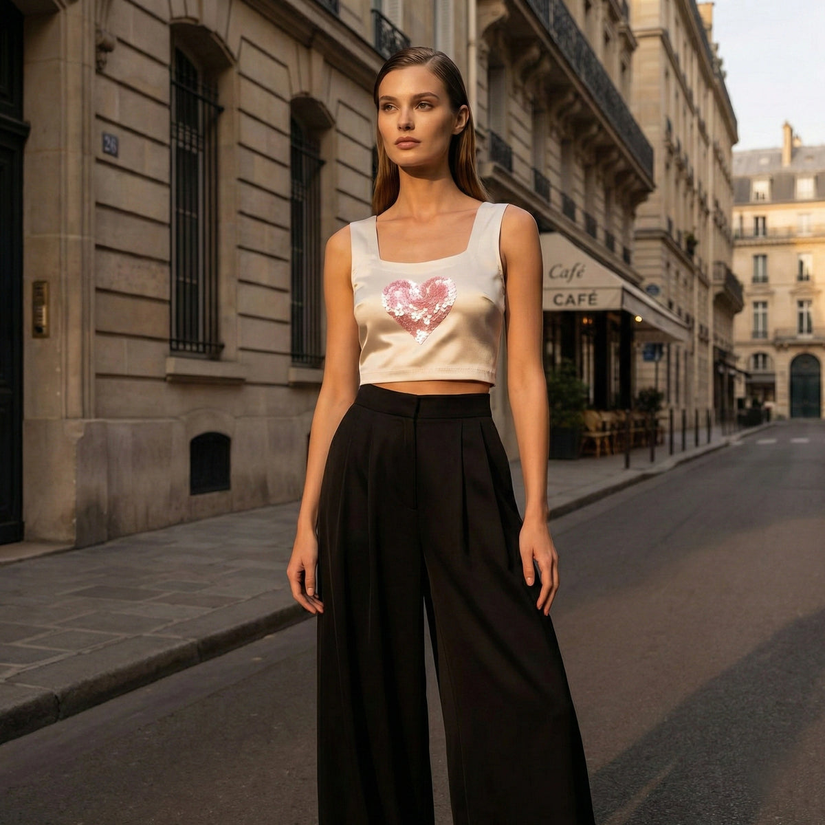 Silver Grey Duchess Satin Crop Top with Sequin Heart Embroidery