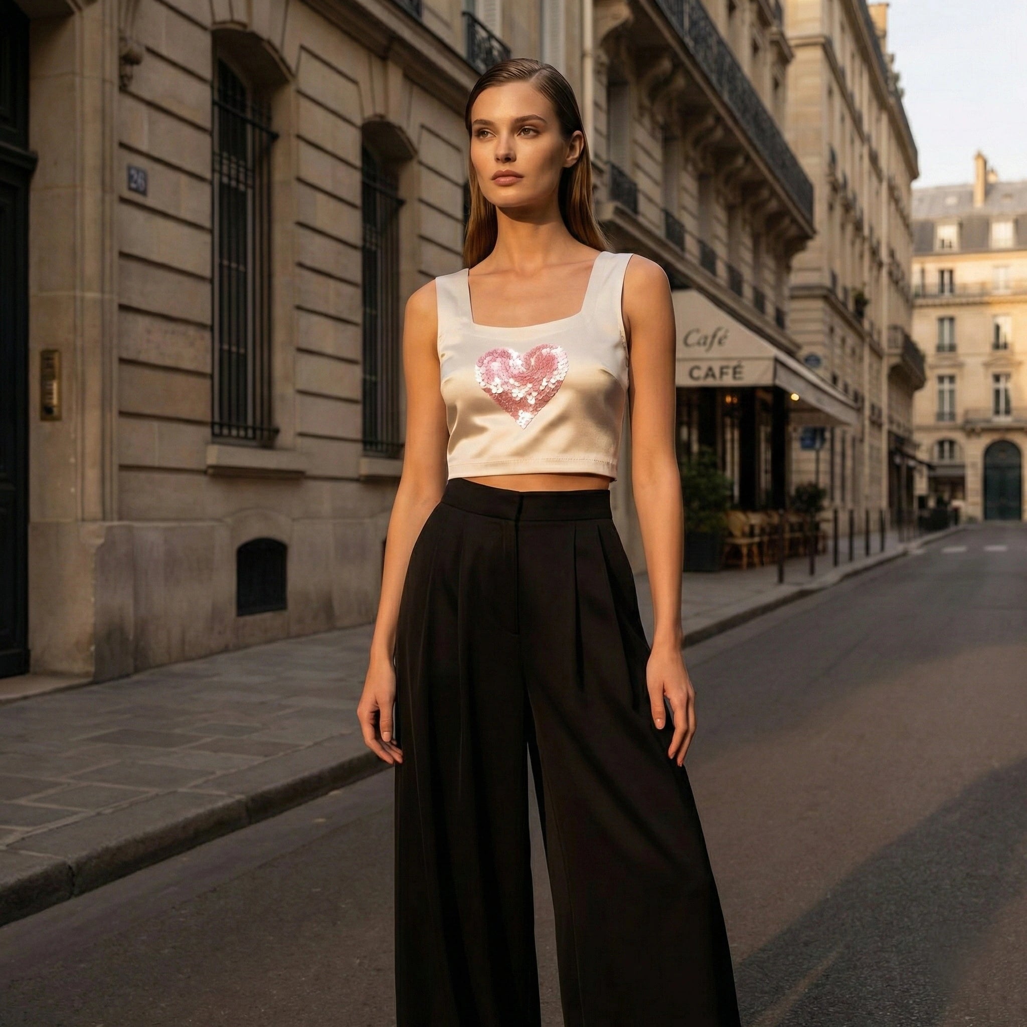 Silver Grey Duchess Satin Crop Top with Sequin Heart Embroidery