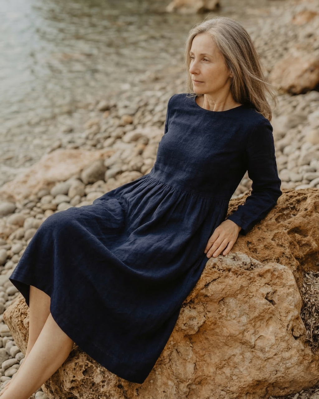 Navy Blue Linen Long Sleeve Midi Dress