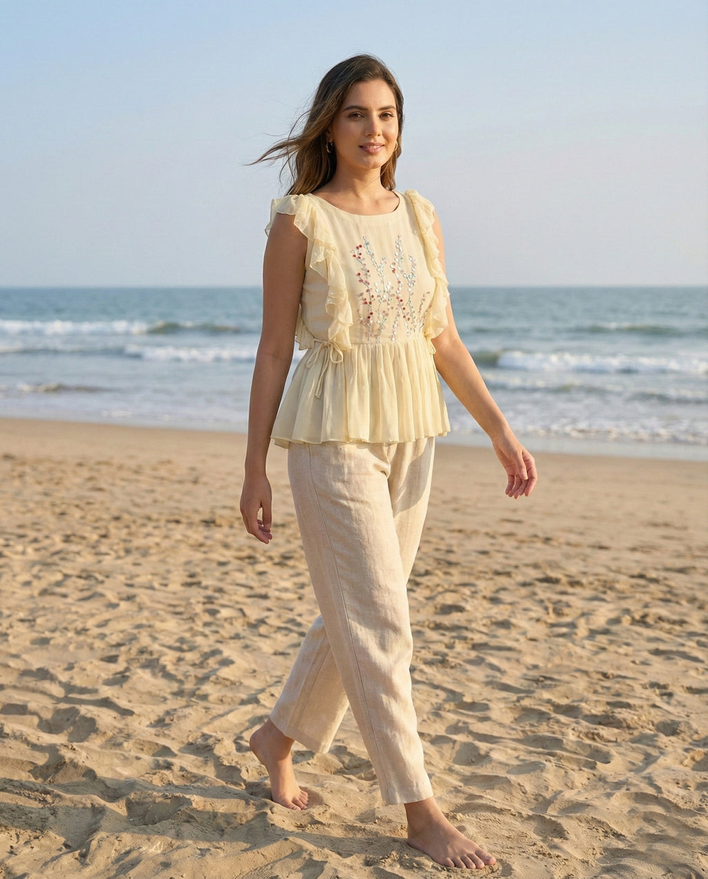 Ivory Georgette Ruffle Top with Hand-Embroidered Sequin Florals