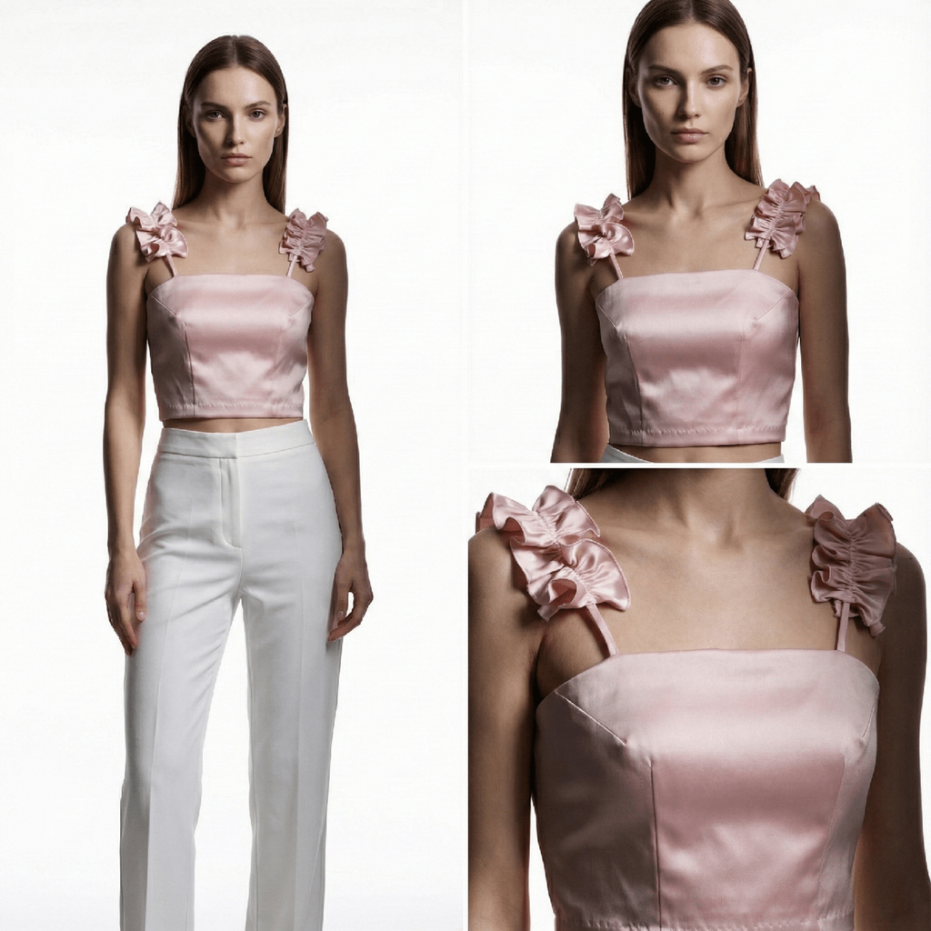 Chemisier rose en satin duchesse à bretelles volantées