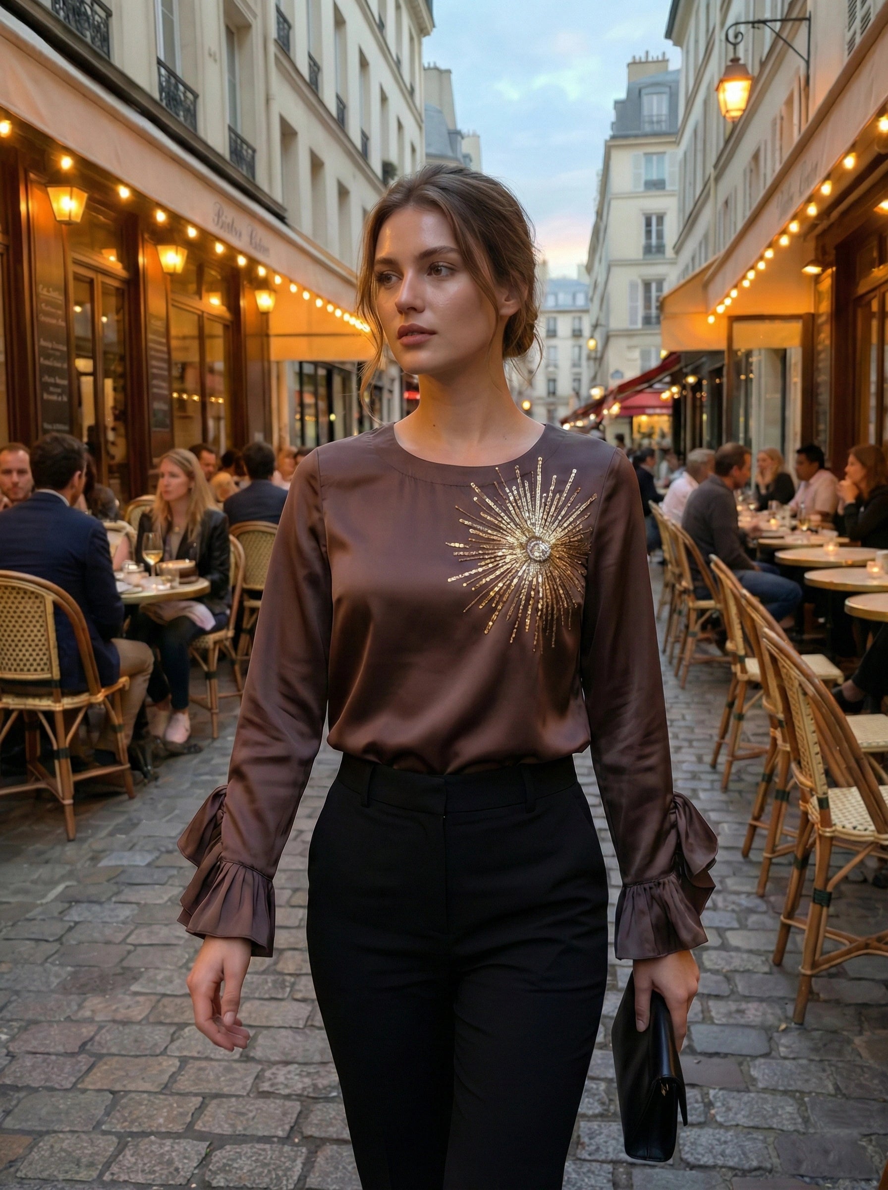 Satin Top with Hand-Embroidered Firecracker Motif and Ruffle Sleeves