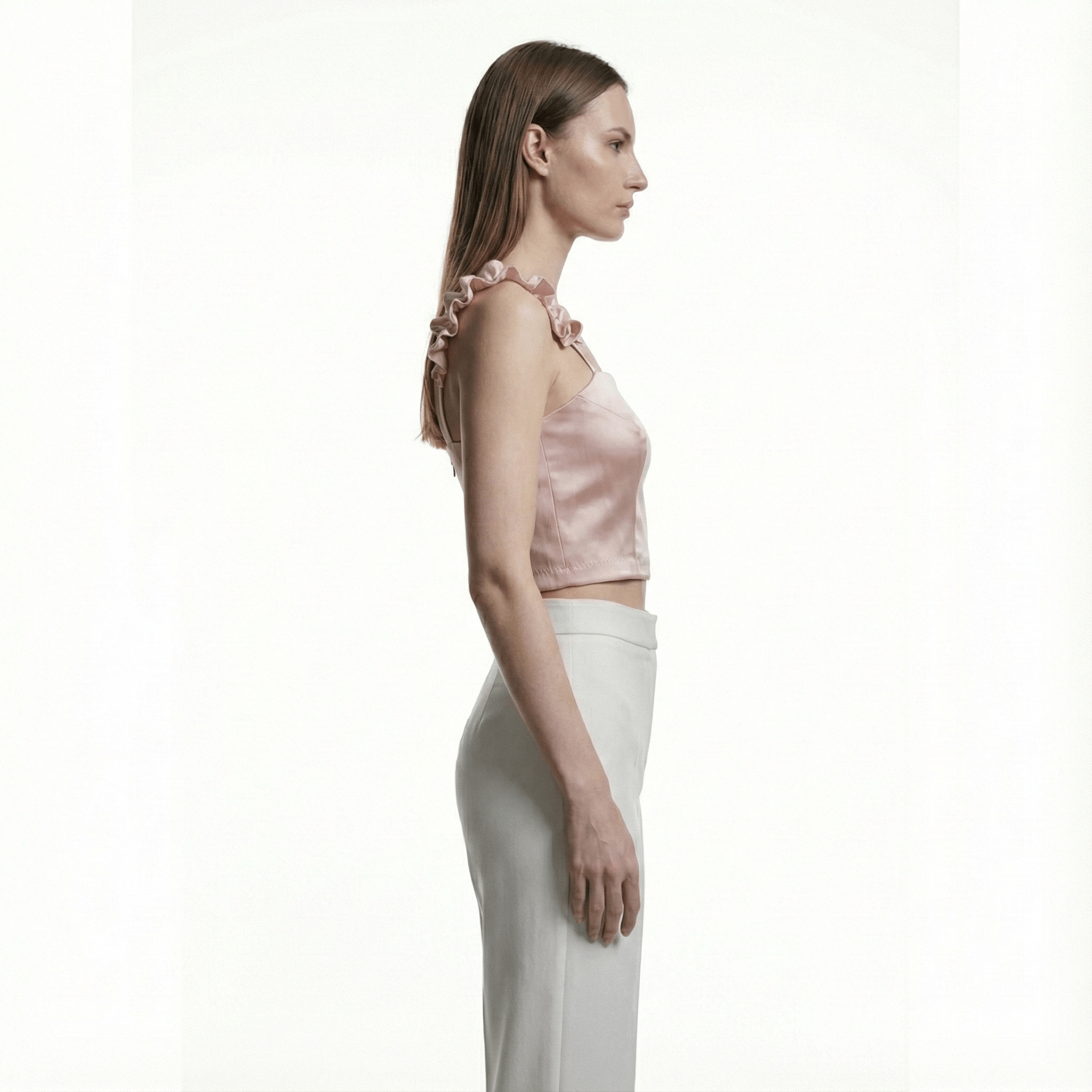 Top in raso duchessa rosa – Blusa con spalline a balze